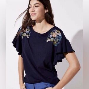 LOFT SHORT FLUTTER SLEEVE NAVY BLUE Embroidered FLORAL DETAIL TOP TSHIRT SZ SP